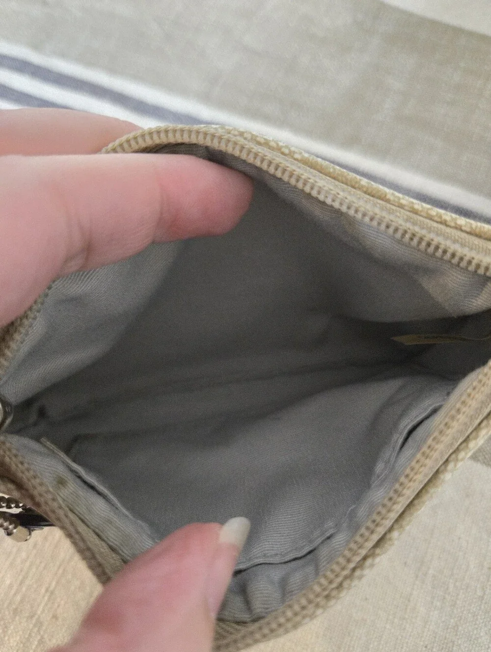 Coach Beige Signature Small Wristlet with Light Blue Trim